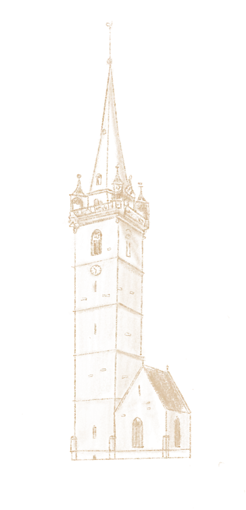 Tour d'église avec un toit pointu, une horloge et des fenêtres en arc