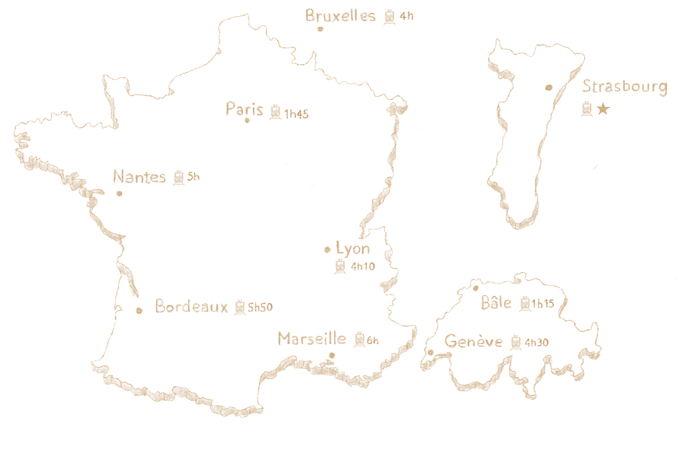 Carte de la France et de la Suisse avec des villes marquées et des temps de trajet indiqués