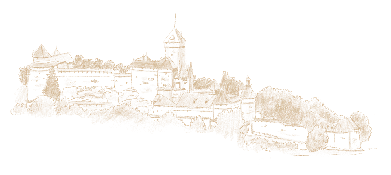 Dessin d'un château fortifié avec tours, remparts et bâtiments entourés d'arbres et de végétation
