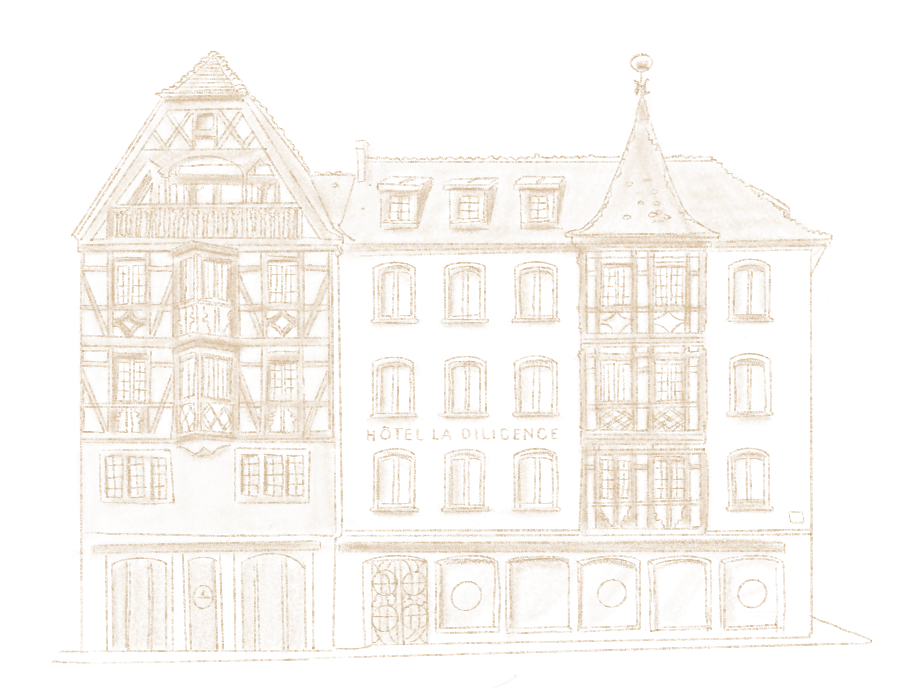 Dessin en noir et blanc d'un bâtiment avec une façade à colombages et une enseigne indiquant "HOTEL LA DILIGENCE"