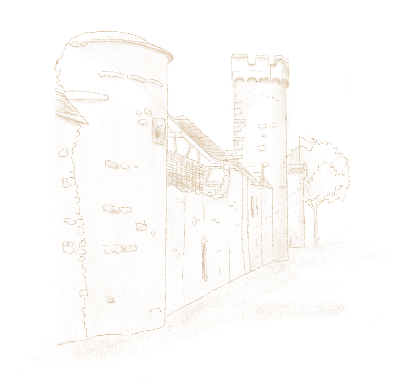 Dessin en ligne d'une tour de château fort avec un mur d'enceinte et des arbres à proximité