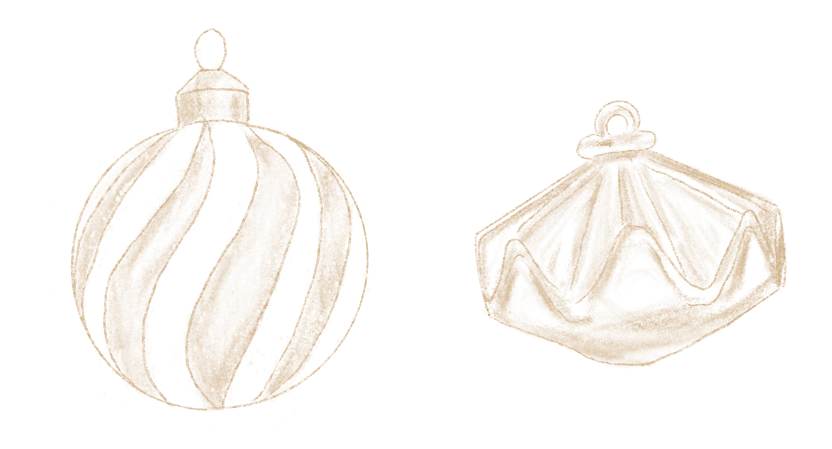 Deux décorations de Noël en forme de boule, l'une à rayures et l'autre à facettes, dessinées en beige clair