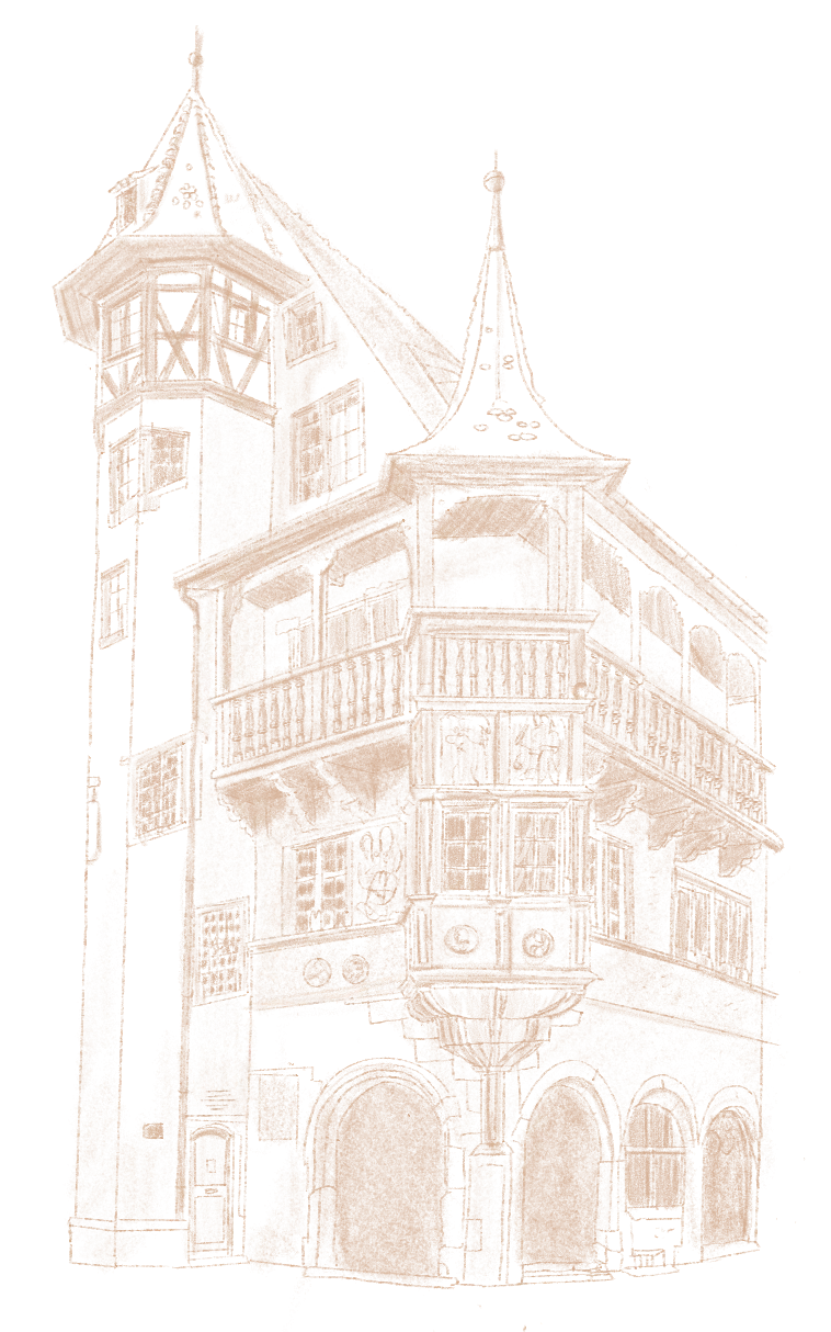 Zeichnung eines historischen Gebäudes mit Holzbalkonen, kleinen Sprossenfenstern und spitzen Dächern