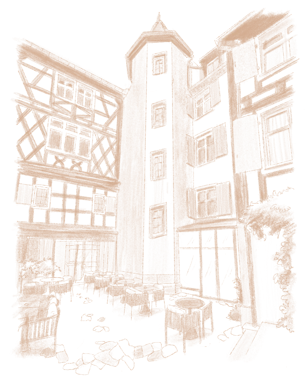 Hof mit Tischen und Stühlen, umgeben von Fachwerkhäusern mit Fensterläden