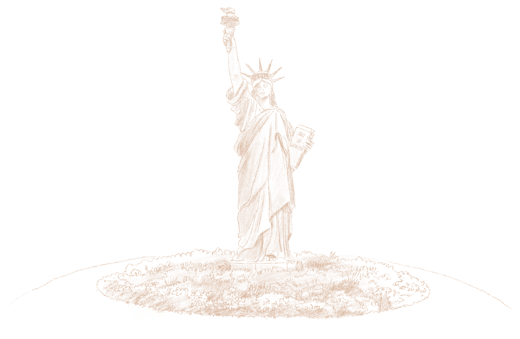 Statue of Liberty holding a torch in her right hand and a book in her left hand, standing on a pedestal