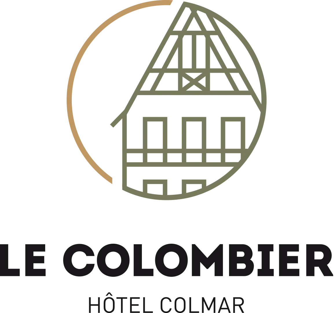 Logo de l'hôtel Le Colombier à Colmar, représentant une maison à colombages dans un cercle