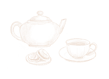 A teapot, a cup of tea, and two biscuits on a saucer are drawn in fine lines.
