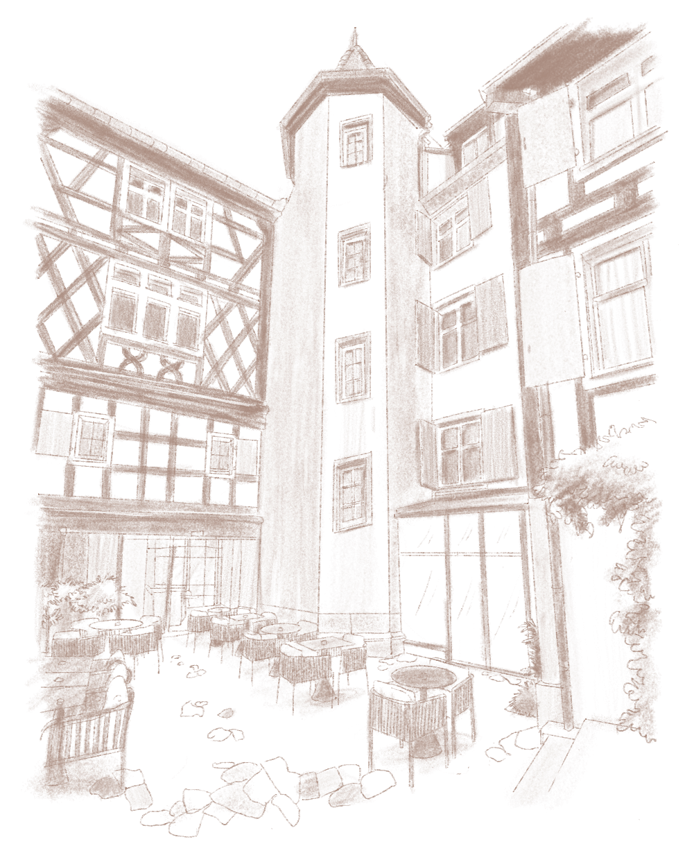 Cour intérieure avec tables et chaises entourée de bâtiments à colombages et à fenêtres à volets