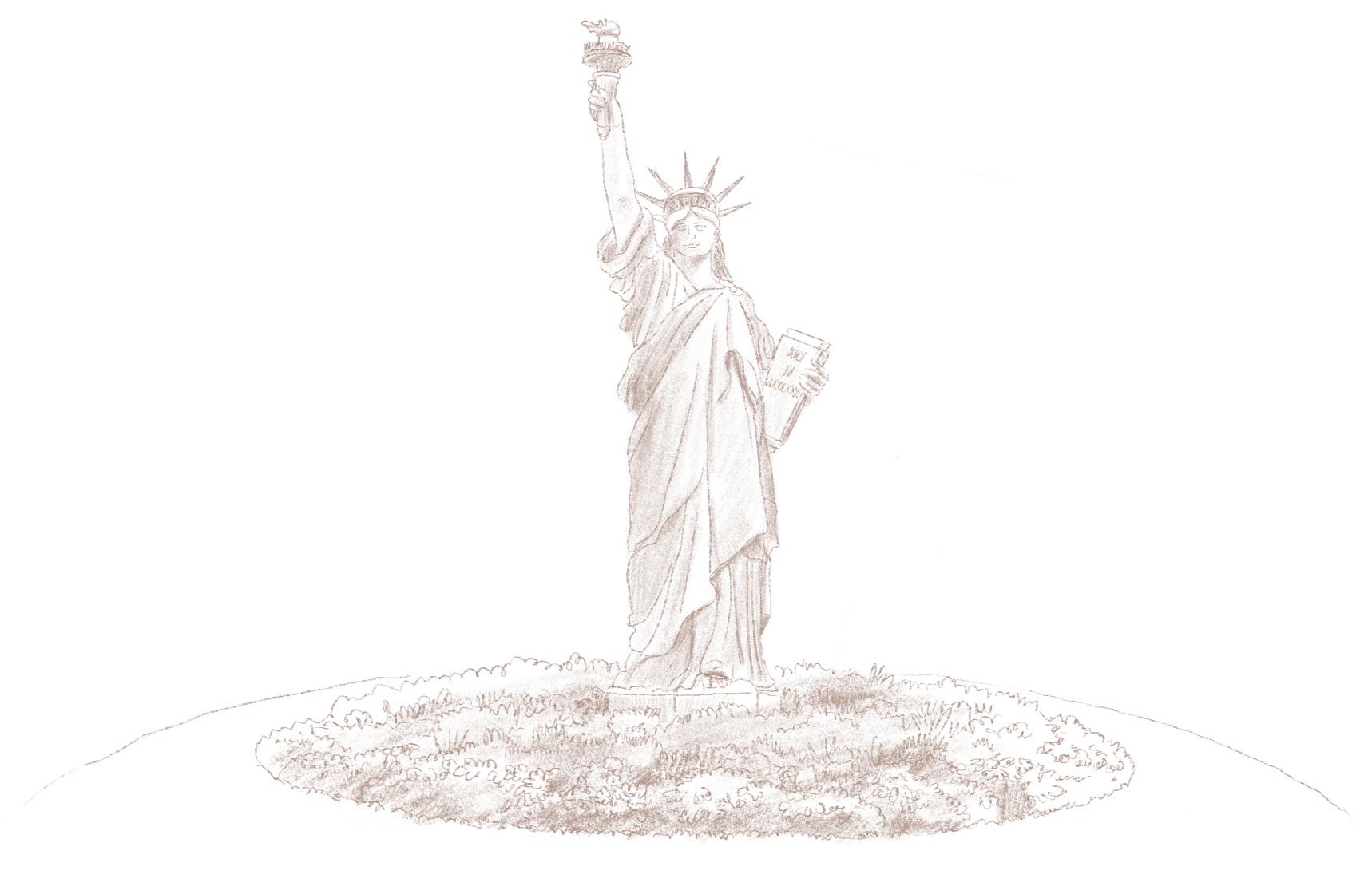 Statue de la Liberté tenant une torche dans sa main droite et une tablette dans sa main gauche, debout sur un piédestal orné de végétation
