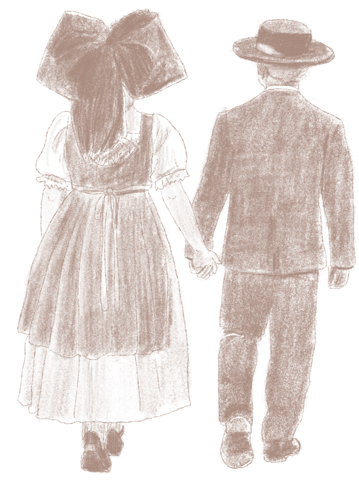 Un homme et une femme habillés de manière traditionnelle se tiennent par la main et marchent de dos