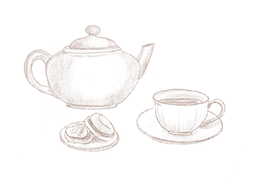 Une théière, une tasse de thé et deux biscuits sont disposés sur une surface
