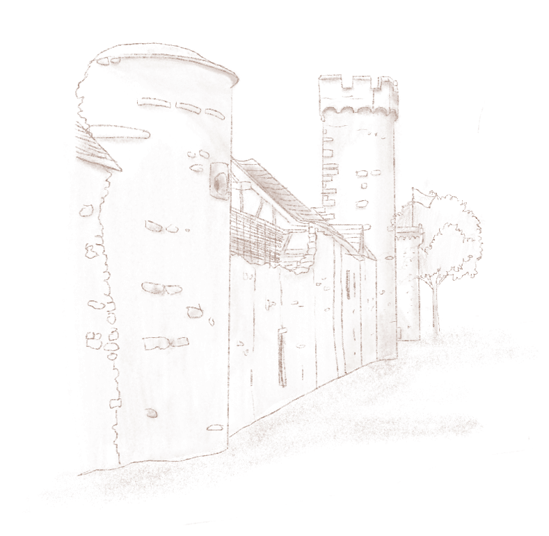 Dessin en noir et blanc d'une tour de château fort avec des créneaux et une passerelle en bois