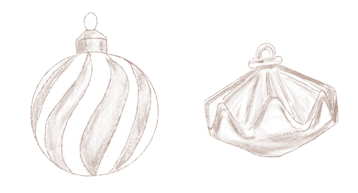 Deux décorations de Noël en forme de boule et d'étoile, dessinées en ligne sépia