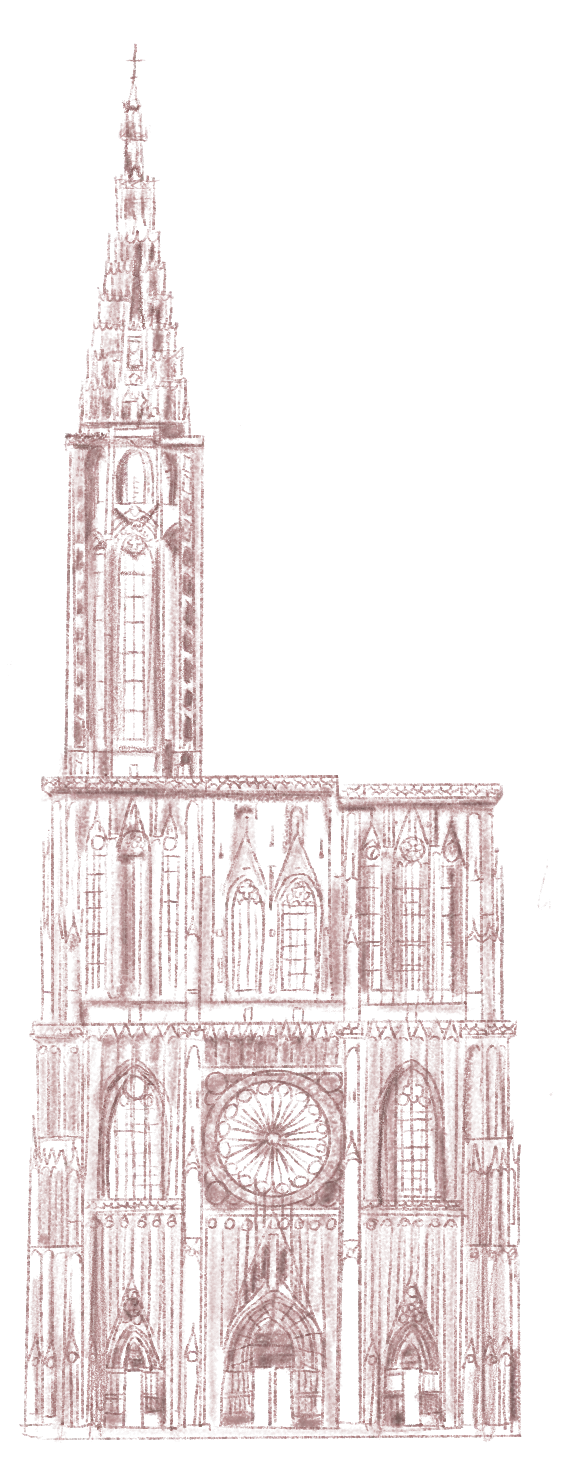 Façade gothique d'une cathédrale avec une haute flèche, des vitraux et des portes en arc brisé