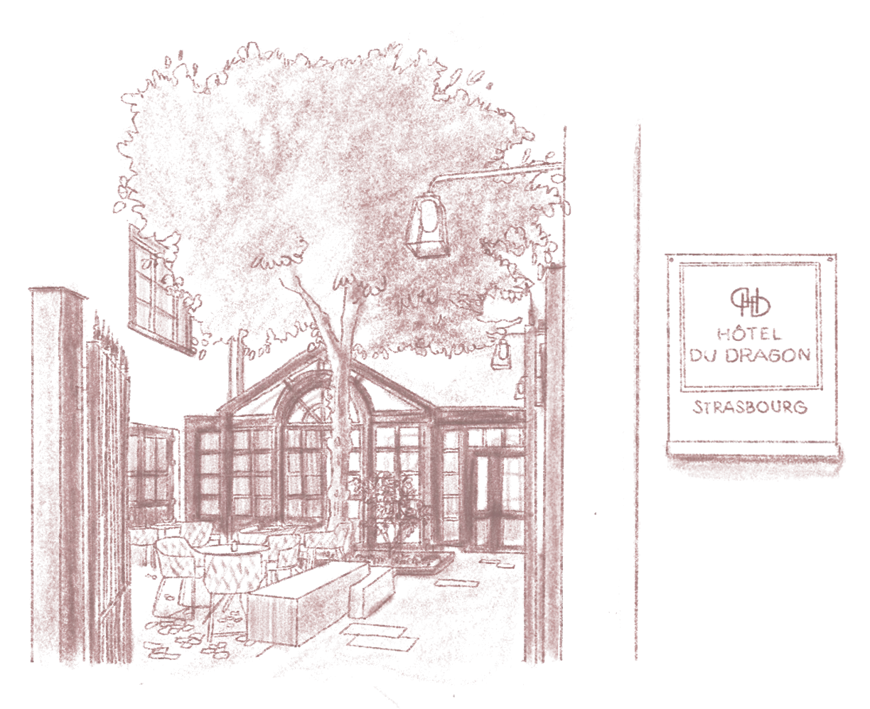 Dessin d'une entrée d'hôtel avec des tables et des chaises, des fenêtres et une enseigne indiquant "Hôtel du Dragon Strasbourg"