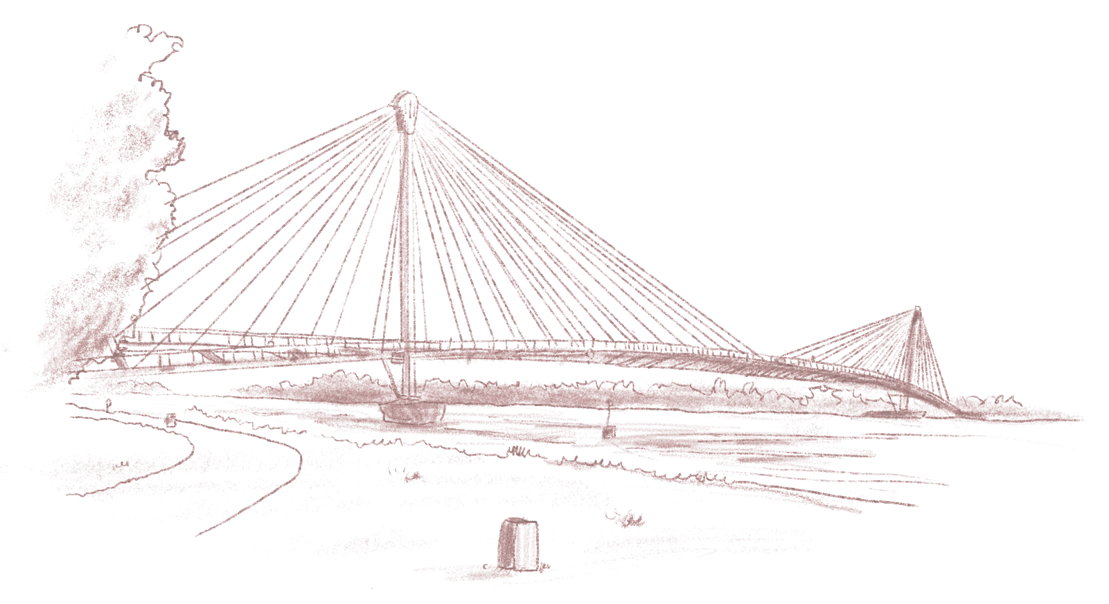 Dessin d'un pont suspendu enjambant un cours d'eau avec des câbles convergeant vers un pylône central