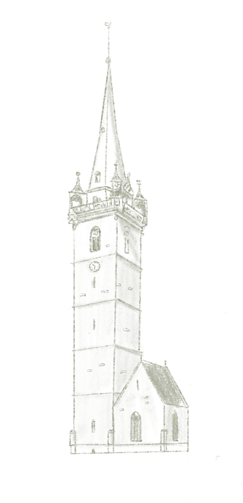 Tour d'église avec un toit pointu, une horloge et des fenêtres, reliée à un bâtiment plus bas