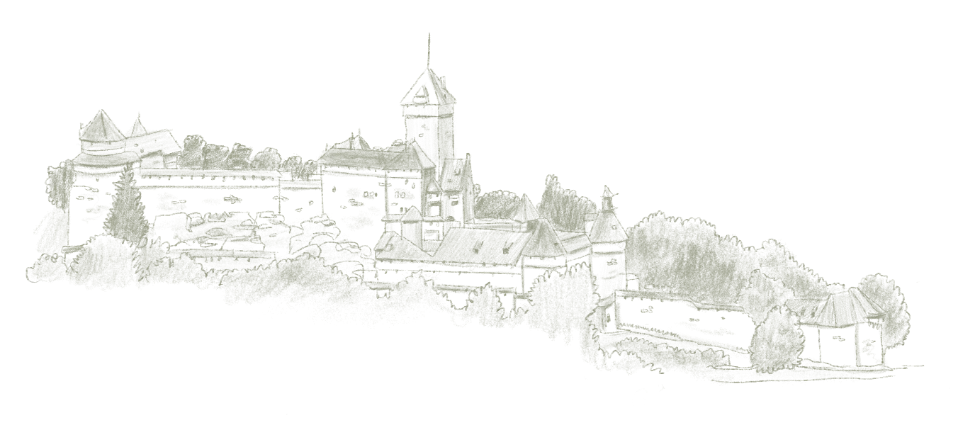Dessin en noir et blanc d'un château fortifié entouré de murs et de tours, avec des bâtiments et des arbres en arrière-plan