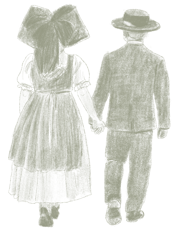 Un homme et une femme habillés de manière traditionnelle se tiennent par la main et marchent de dos