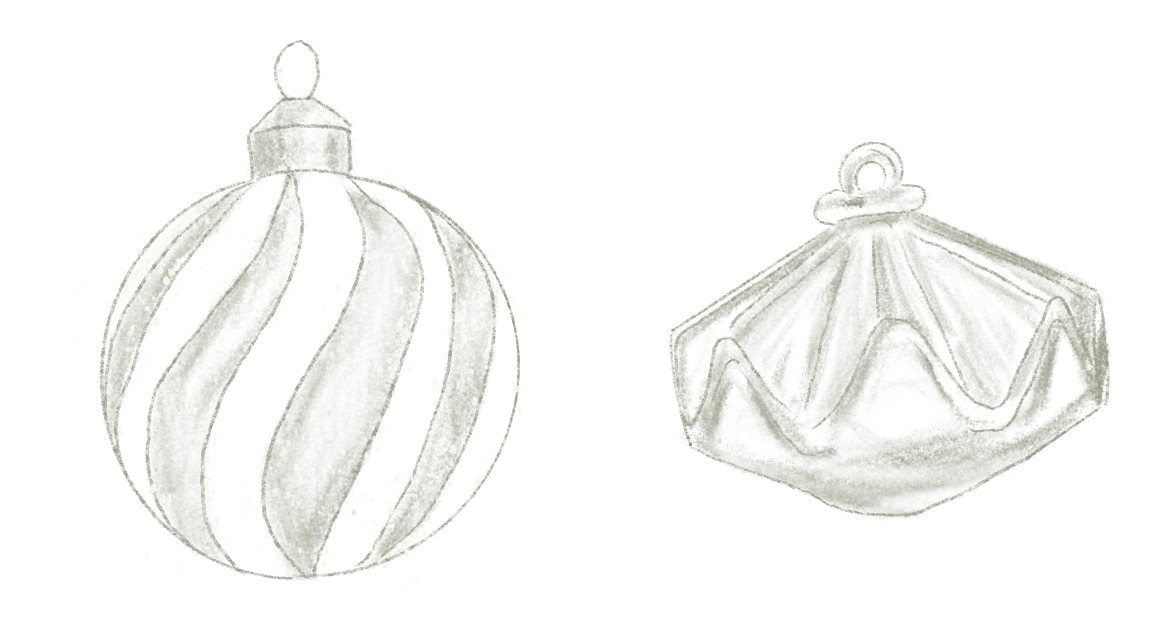 Deux décorations de Noël en forme de boule et d'étoile sont dessinées en noir et blanc