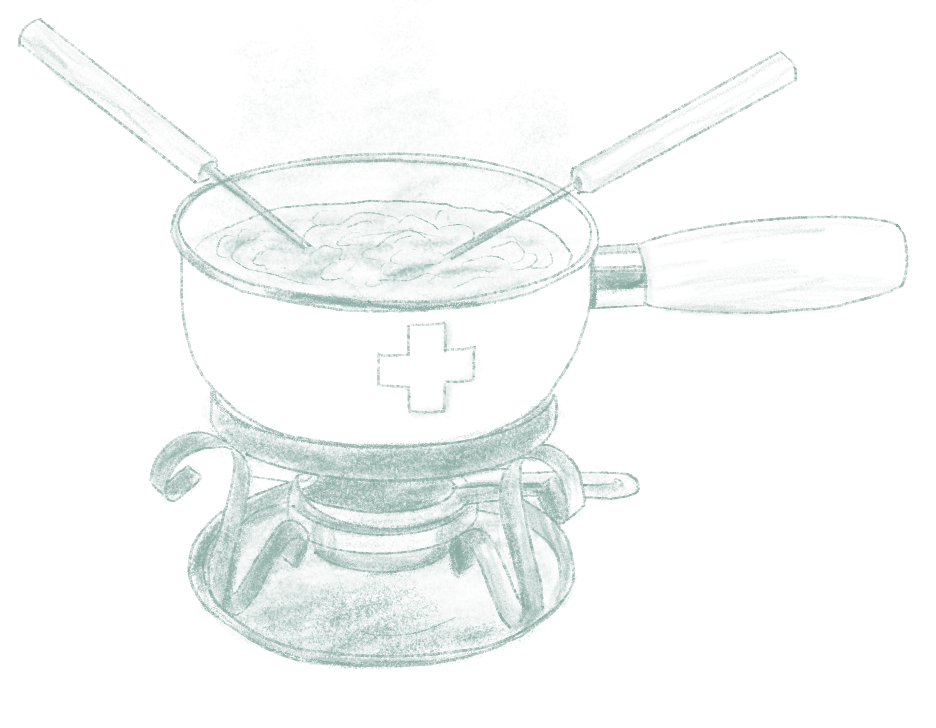 Ein Topf mit Käsefondue, in den Besteck eingetaucht ist, steht auf einem Fondue-Rechaud.