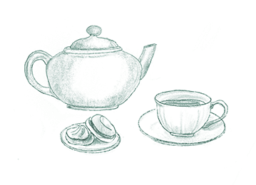 Eine Teekanne, eine Tasse Tee und zwei Kekse sind auf einer Fläche angeordnet.