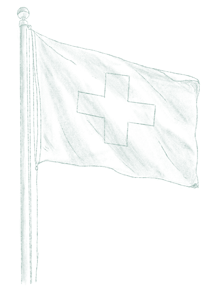Zeichnung einer weißen Flagge mit einem Schweizer Kreuz in der Mitte, die im Wind an einer Stange weht