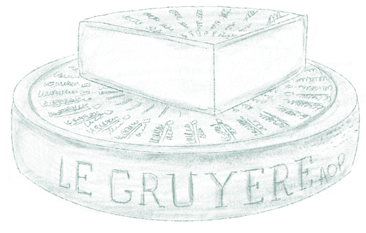 A drawing of a block of Gruyère cheese placed on a plate with engraved patterns