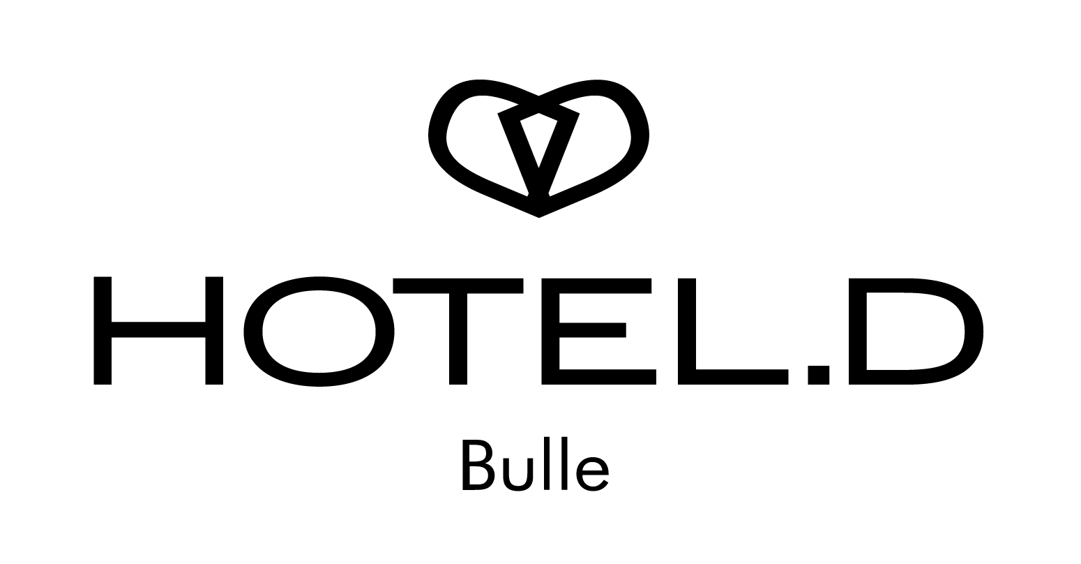 Logo des Hotels Bulle mit einem herzförmigen Symbol, das einen Buchstaben V enthält, und dem Text "HOTEL.D" in Großbuchstaben