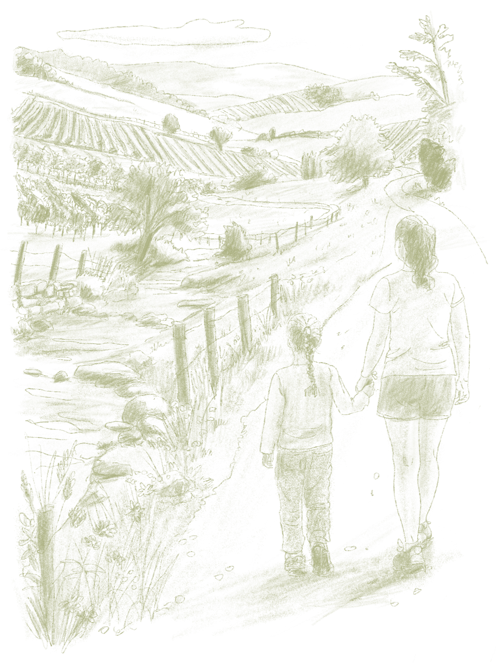 Zwei Personen gehen Hand in Hand einen Feldweg entlang, der von Weinbergen und Hecken gesäumt ist.