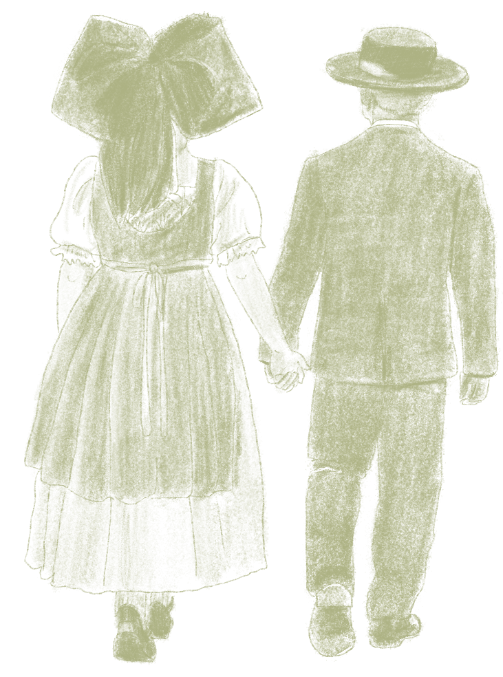 A man and a woman dressed in traditional clothing hold hands and walk away.