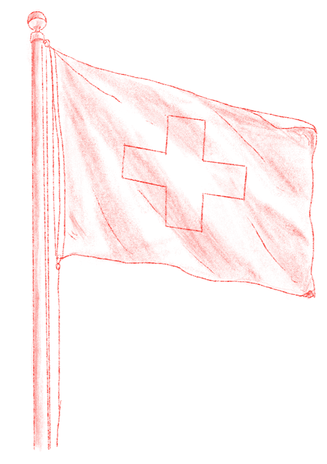 Dessin d'un drapeau rouge avec une croix blanche au centre, flottant au vent