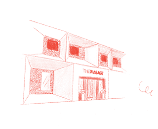 Croquis en rouge d'un bâtiment avec plusieurs fenêtres et une porte d'entrée marquée "The Passage"