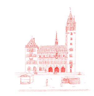 Dessin en rouge d'une cathédrale gothique avec une haute flèche centrale et des détails architecturaux complexes
