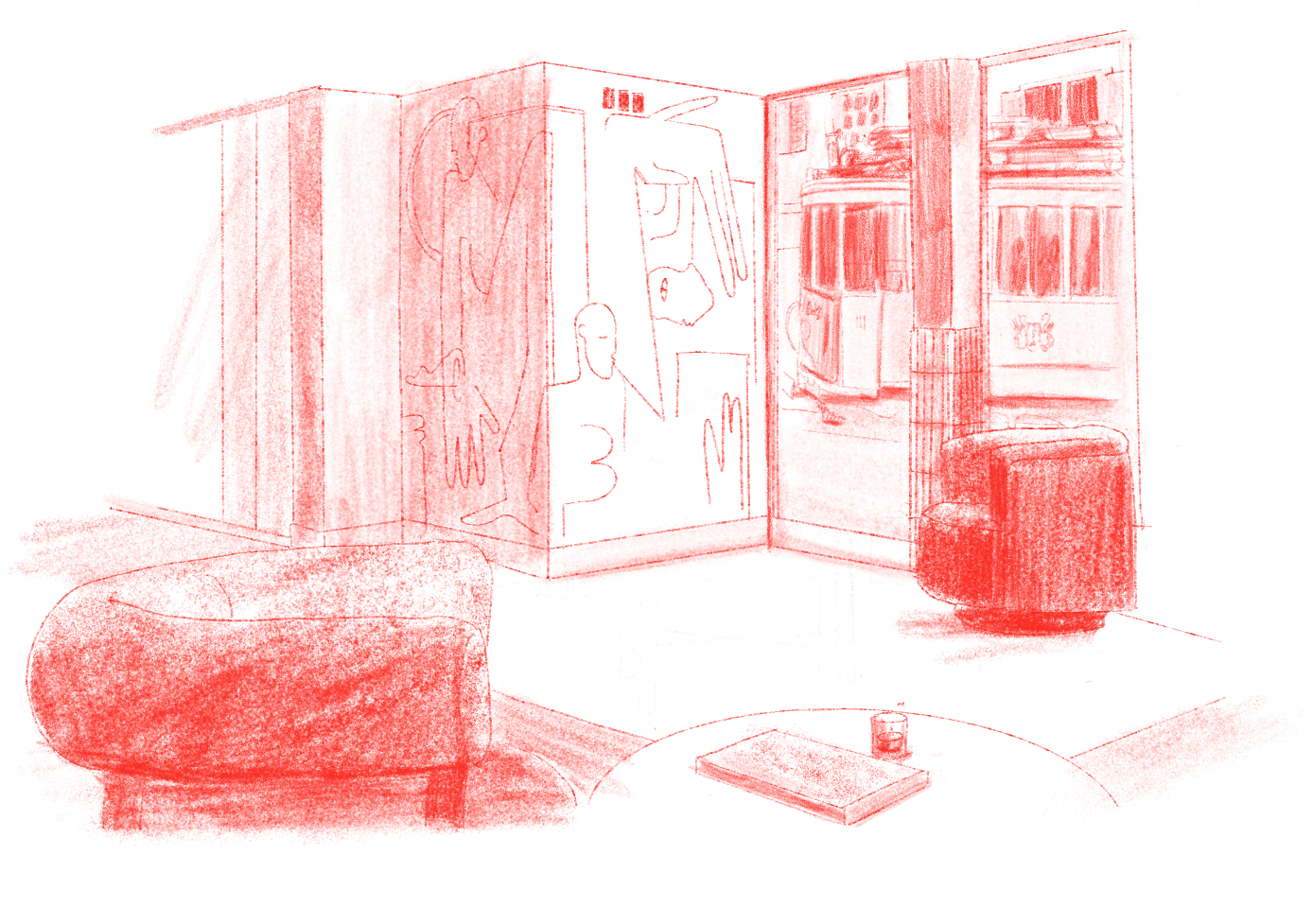 Dessin en rouge d'un intérieur avec un canapé, une table basse, un meuble et une porte vitrée