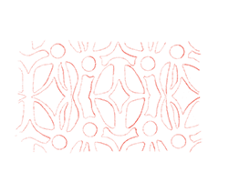 Dessin abstrait en rouge clair représentant des formes géométriques et des motifs répétitifs