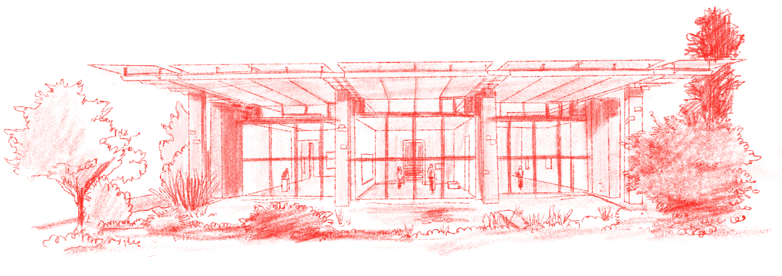 Dessin en rouge d'un bâtiment moderne avec de grandes baies vitrées, entouré d'arbres et de végétation