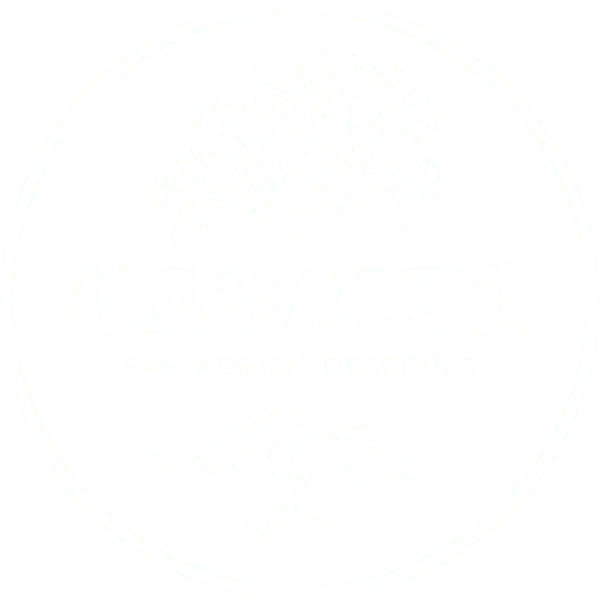 Logo circulaire vert avec un arbre stylisé blanc et l'inscription "BASALTE PAR ADRIEN DESCouls"