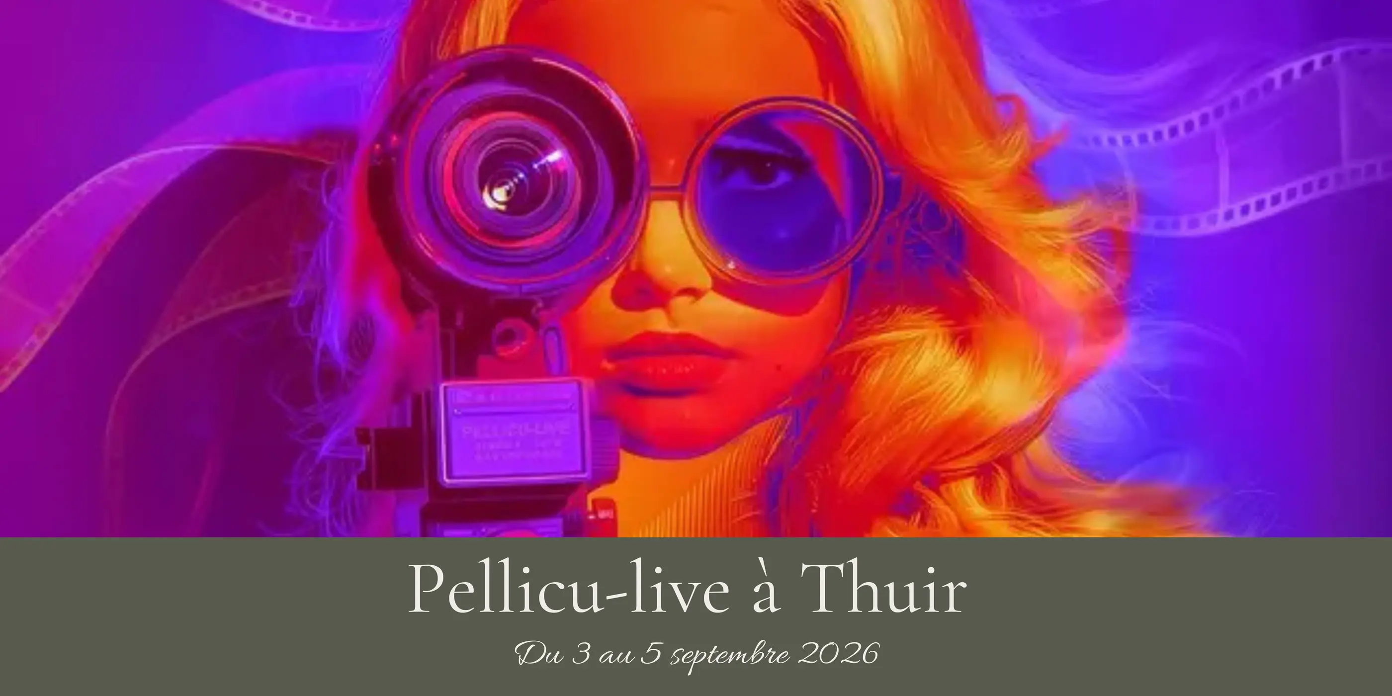 Femme aux cheveux blonds portant des lunettes et un appareil photo devant le visage sur fond coloré avec des éléments de pellicule cinématographique