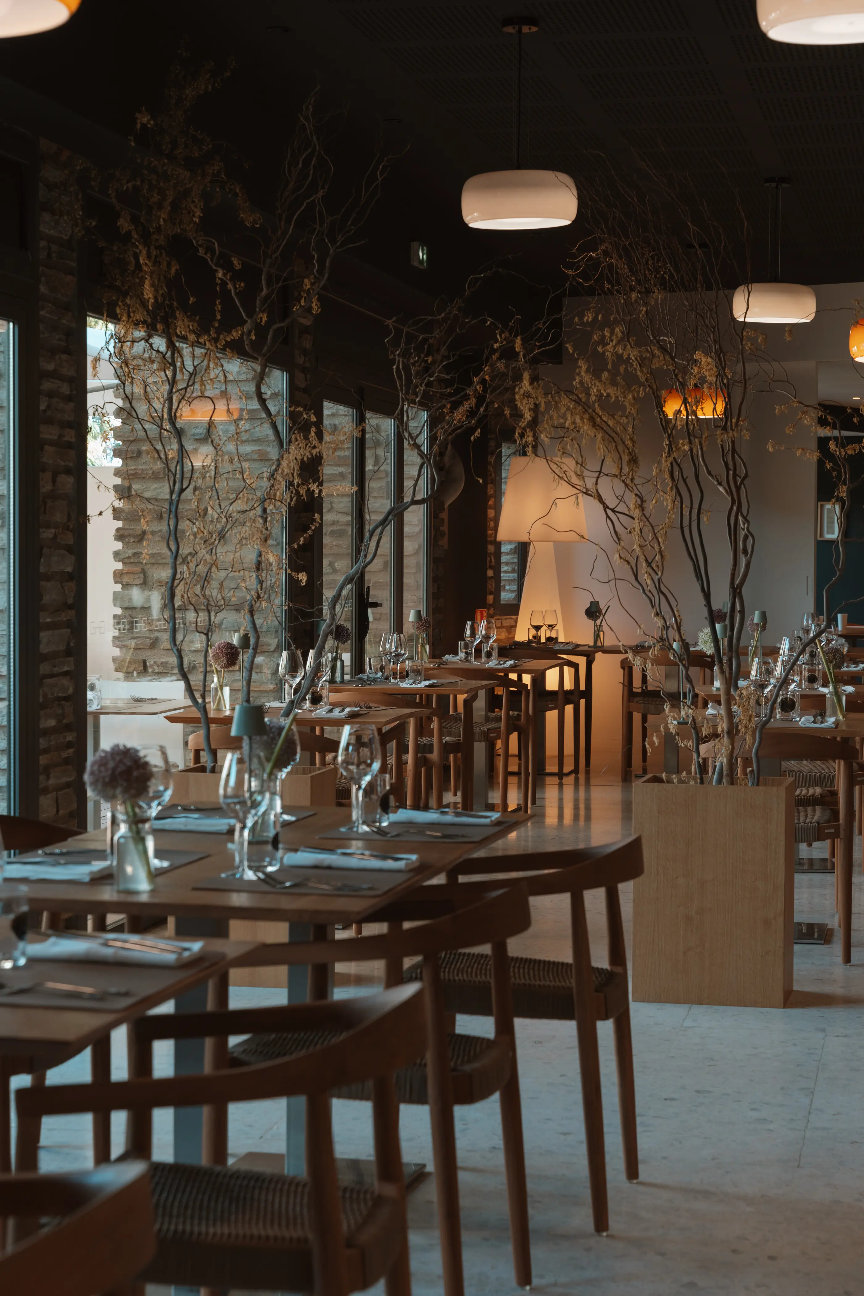 Restaurant intérieur avec tables en bois, verres et fleurs, décoré de branches suspendues et éclairé par des lampes