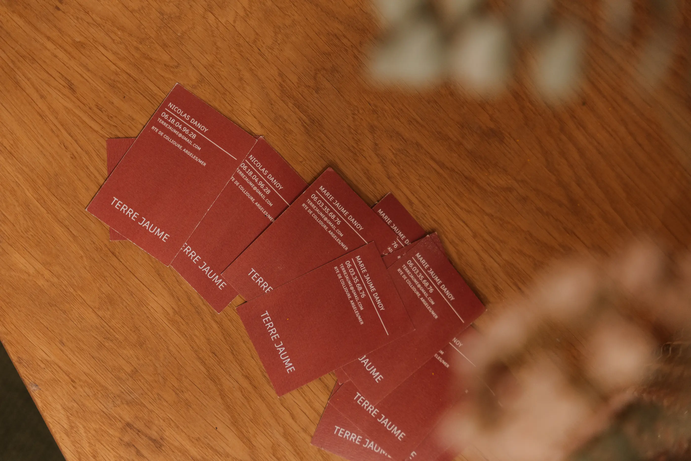 Plusieurs cartes de visite rouges posées sur une table en bois, avec le texte "TERRE JAUME" et des informations de contact