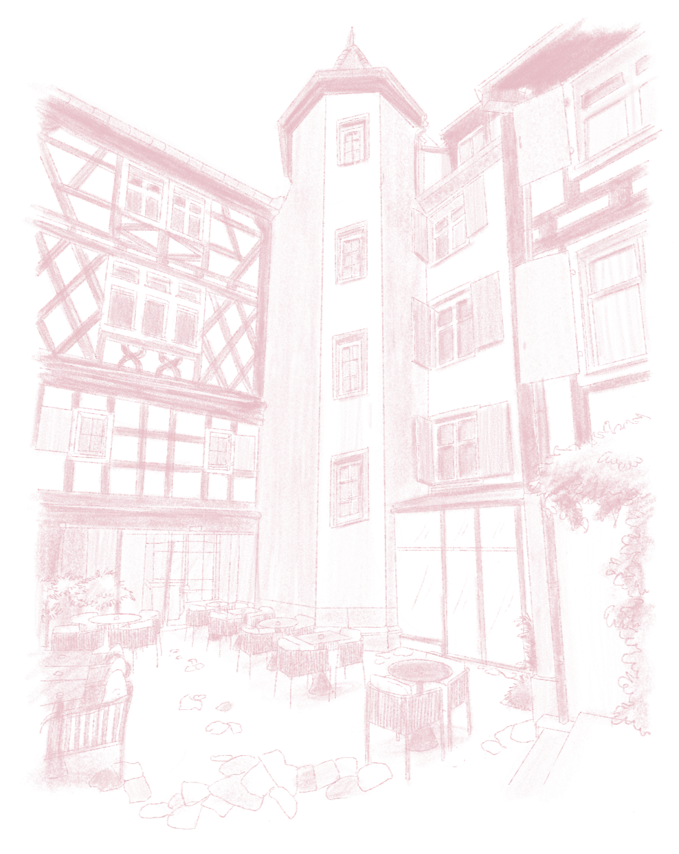 Zeichnung in Pastellrosa, die einen Innenhof mit Fachwerkhäusern und Cafétischen darstellt