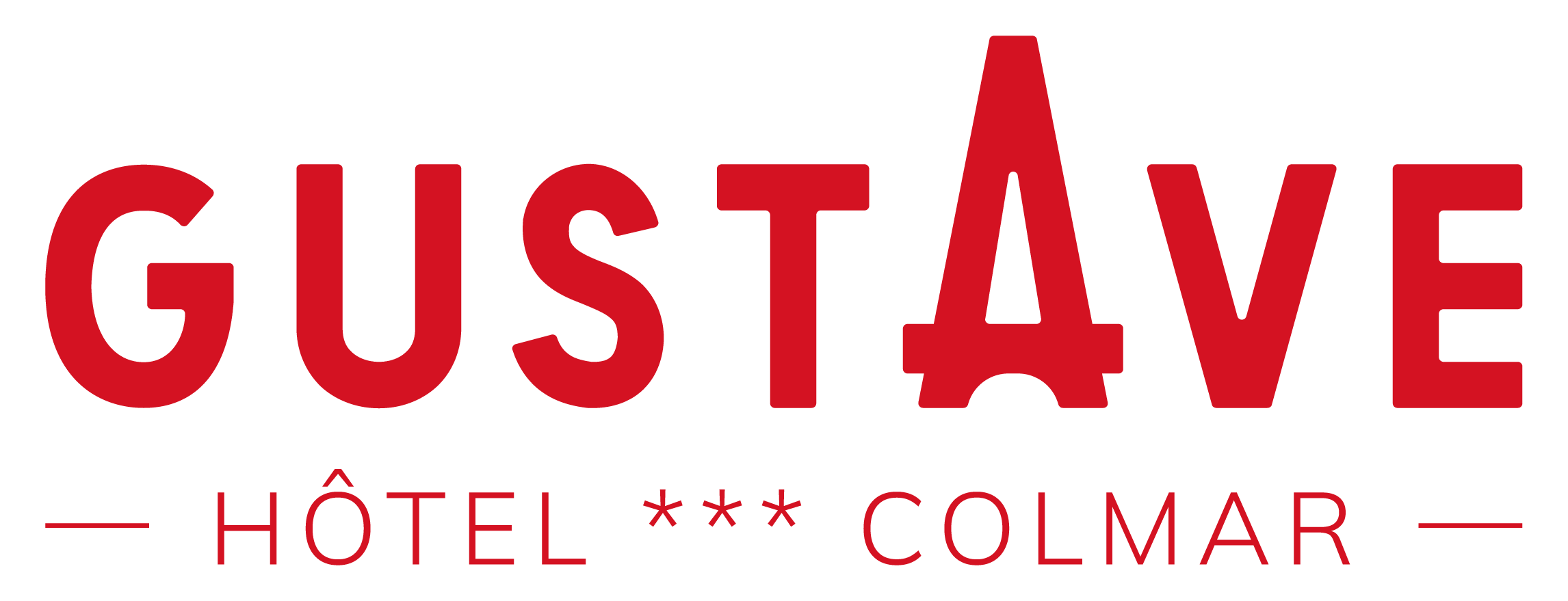 Logo des Hotels Gustave Colmar, drei Sterne, in Rot auf weißem Hintergrund geschrieben