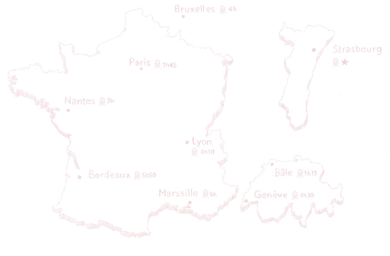 Carte de la France avec des villes marquées et des durées de trajet indiquées
