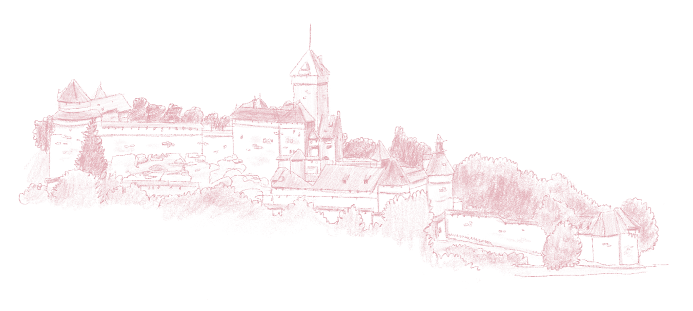 Dessin d'un château fortifié avec des tours, des remparts et des bâtiments entourés d'arbres et de végétation