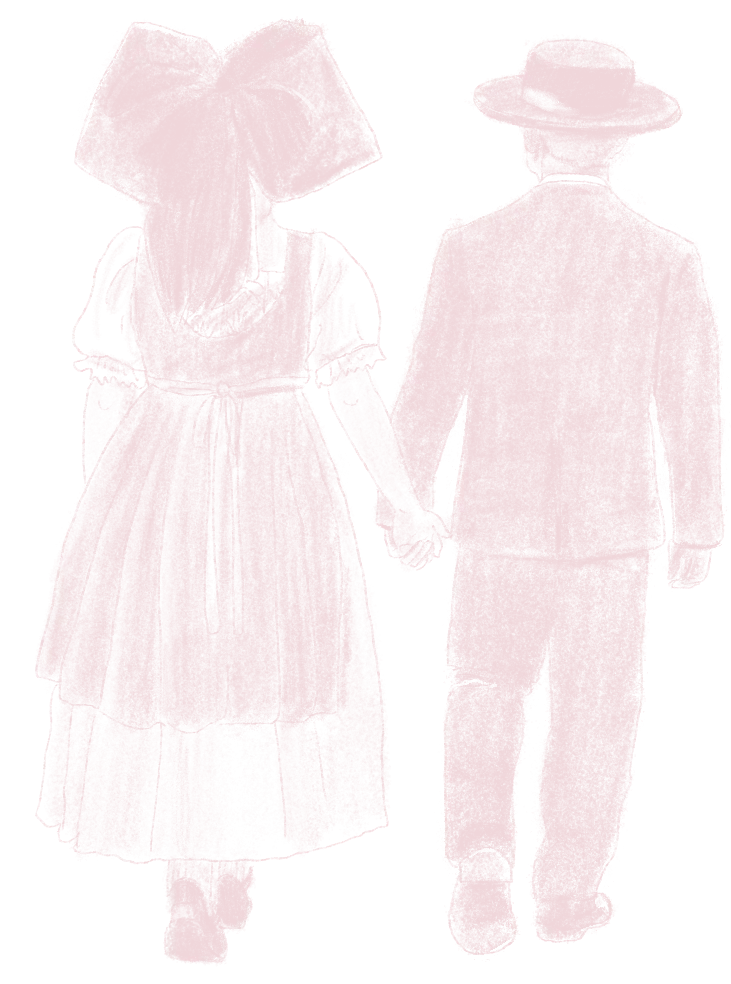 Un homme et une femme habillés de manière traditionnelle se tiennent par la main et marchent de dos