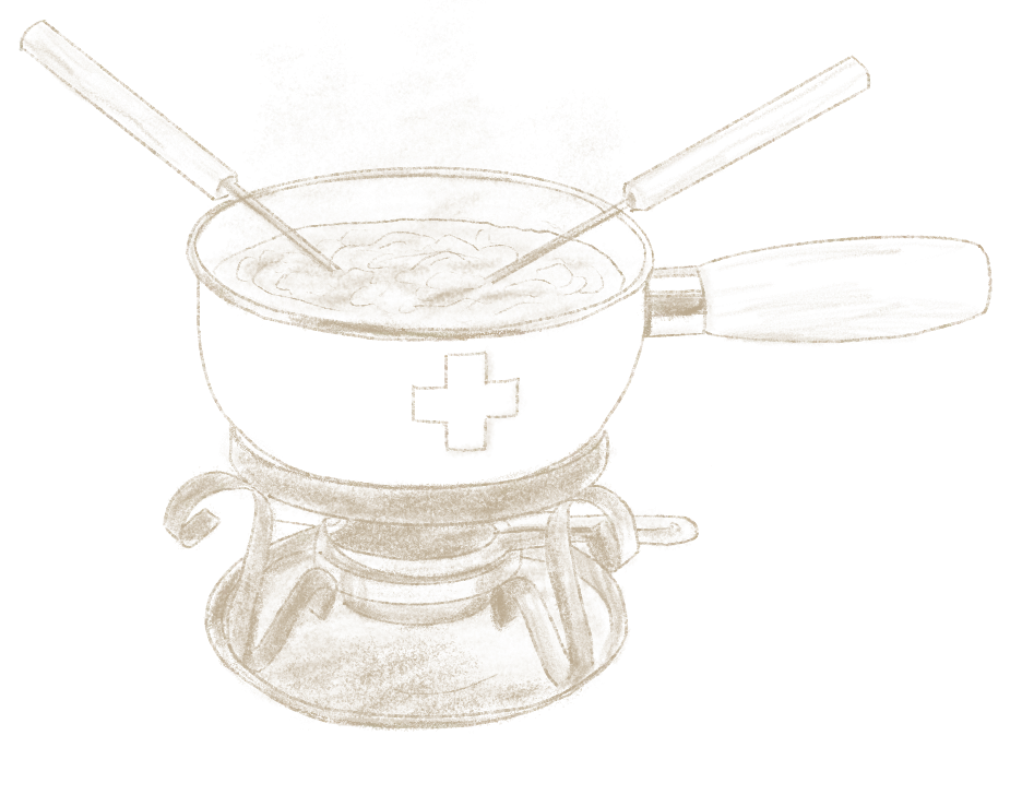 Un pot de fondue au fromage avec deux couverts plongés dedans, posé sur un réchaud à fondue