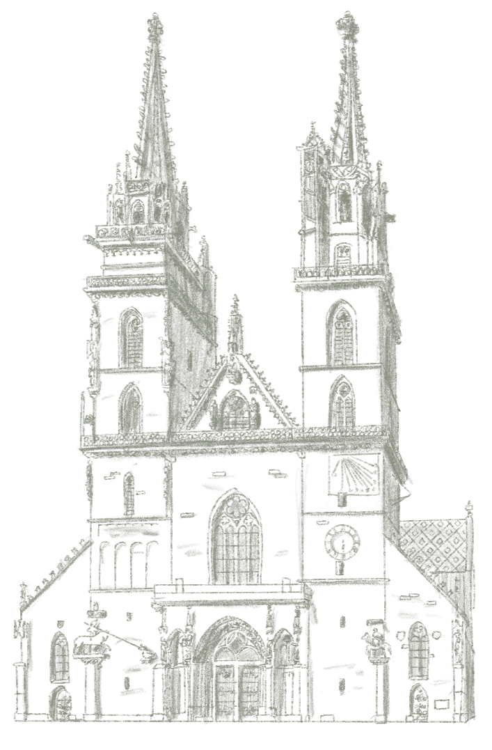Dessin en noir et blanc d'une cathédrale gothique avec deux tours jumelles, des vitraux et une entrée principale ornée