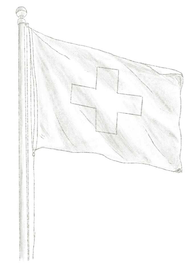 Dessin d'un drapeau blanc avec une croix suisse au centre, flottant au vent sur un mât