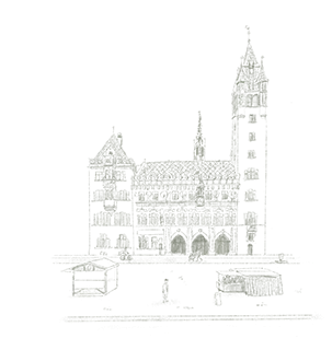 Dessin en noir et blanc d'un bâtiment historique avec une tour, des détails architecturaux et des esquisses annexes en bas